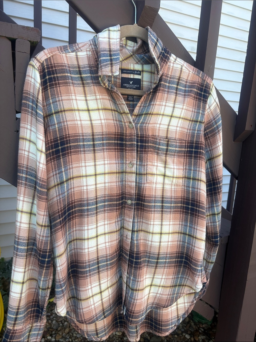 American Eagle Outfitters Women’s Small Plaid Button-Down Shirt - Navy, Cream